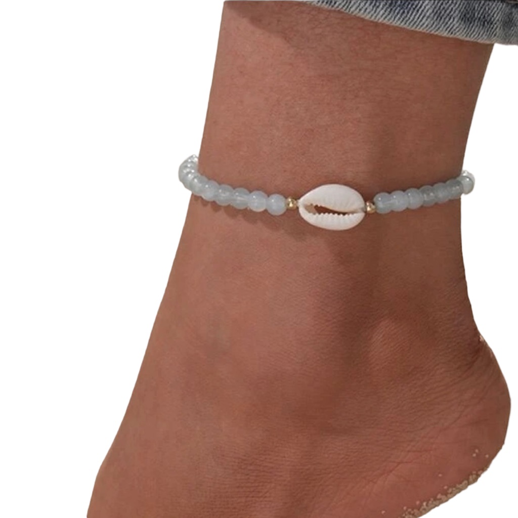 Light Blue Beaded Ankle Bracelet With Shell